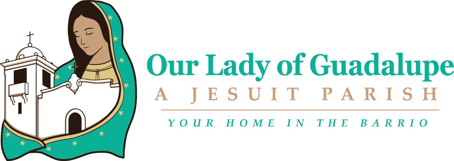 Our Lady of Guadalupe logo featuring Virgin Mary with church illustration representing the Jesuit parish community.